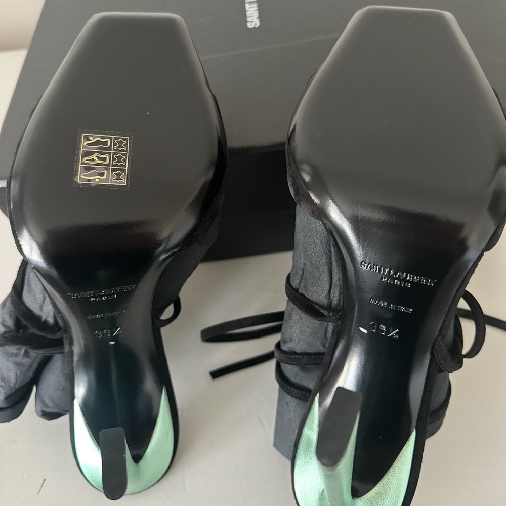 SAINT LAURENT Black Green Suede Metallic Vitti Wrap Around Sandal 39.5 - Picture 5 of 6